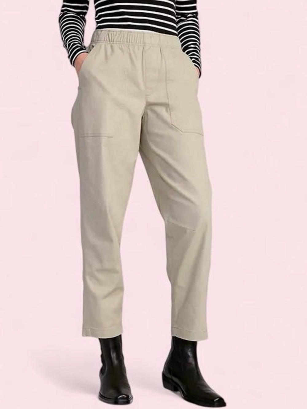 High Rise Pull-On Utility Pants Beige Small 28” Inseam Cotton Tapered Casual